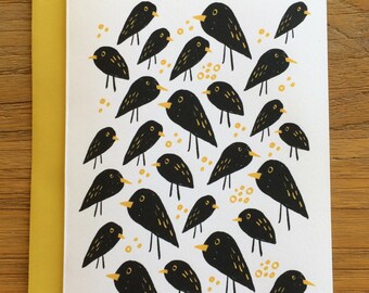 Grackle Black Birds and Birdseed Blank A6 Greeting Card