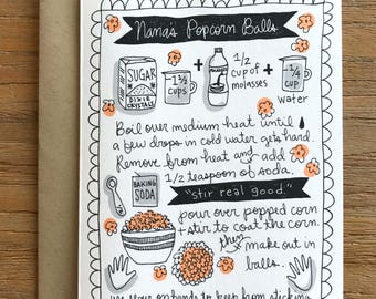 Nana's Popcorn Balls Illustrated Recipe A6 Greeting Card
