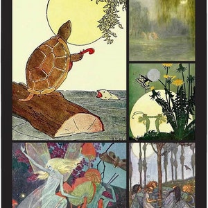 Op de afbeelding: Een collage van vijf illustraties met feeën, een viool spelende schildpad en een maanverlicht bos. De illustraties zijn in een fantasierijke stijl met levendige kleuren en ingewikkelde details.
