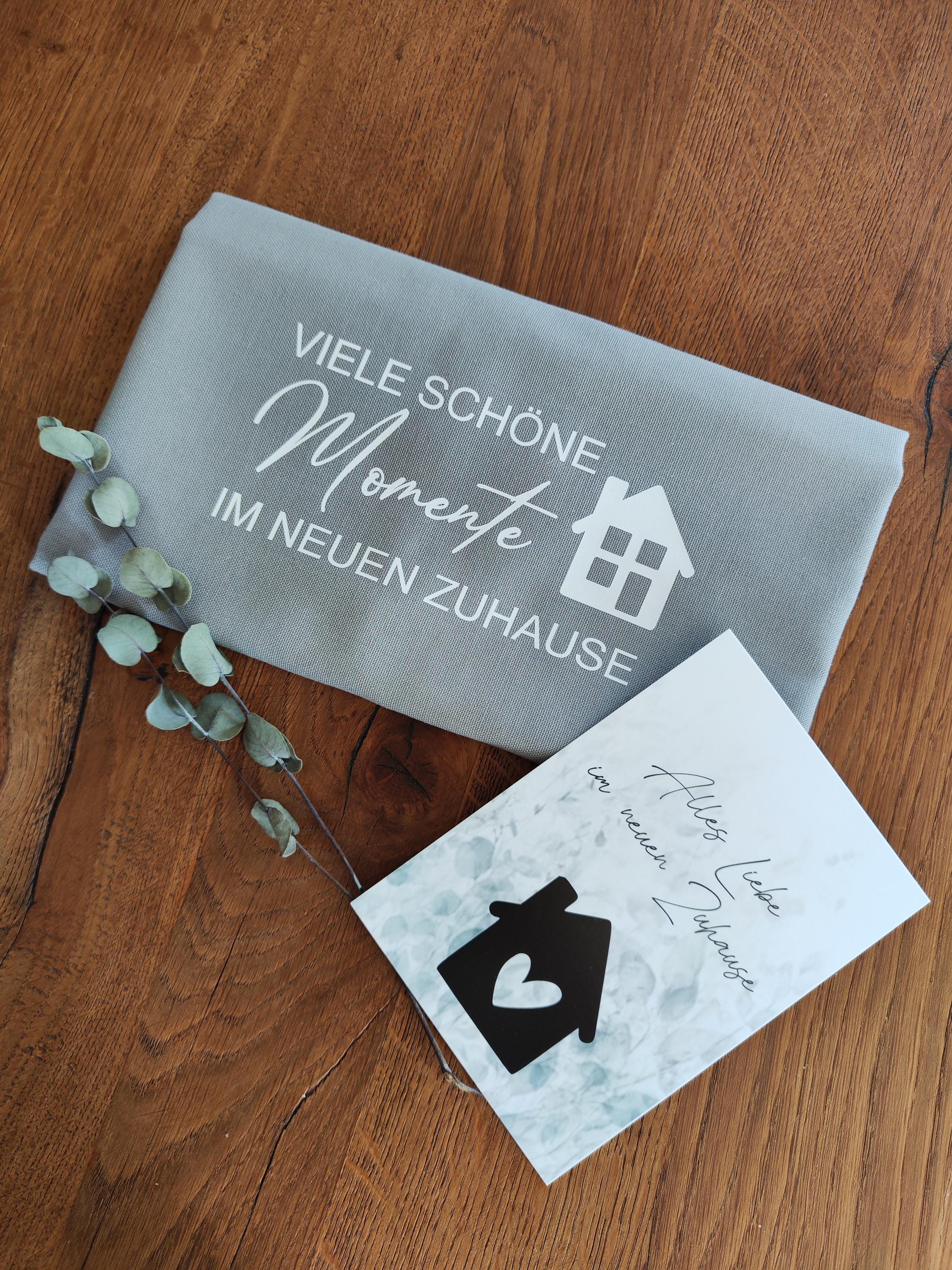 Einzugsgeschenk Set – Stoff-Aufbewahrungskorb Mit Geschirrtuch & Holzlöffel – Viele Schöne Momente Im Neuen Zuhause