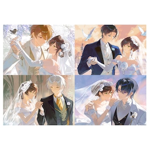 Puede incluir: Un collage de cuatro ilustraciones estilo anime que representan parejas con trajes de boda. Cada escena muestra a una persona con un vestido de novia blanco con velo y a otra con un traje formal, con diversas paletas de colores y entornos.