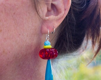 Colorful Statement Earrings Vintage Beads Red Yellow Aqua Big Bold Bright Sterling