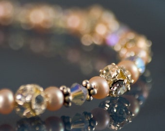 Peachy Pearl Bracelet Vintage Swarovski Handmade Bridal Delicate Vintage Colors