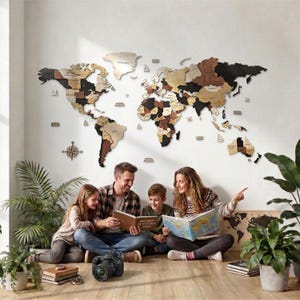 May include: A large, multi-layered wooden world map wall art installation featuring various shades of brown, tan, and black wood. The map includes detailed continents, islands, and a decorative compass rose, all mounted directly onto a plain wall.