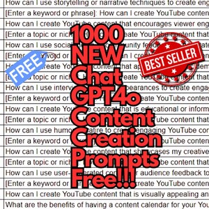 Könnte beinhalten: Eine rote und weiße Grafik mit dem Text "1000 NEUE Chat GPT40 Content Creation Prompts Kostenlos!!!" mit einem roten Stern und dem Text "BESTSELLER" in einem weißen Kreis. Die Grafik ist auf einen weißen Hintergrund mit schwarzem Text gelegt.
