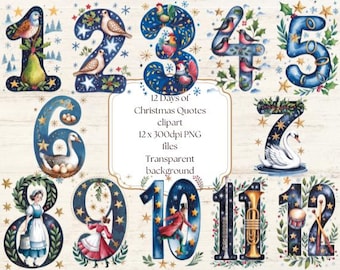 12 days of Christmas clipart png  set, 12 high resolution PNG files, transparent background. Commercial use for any design.