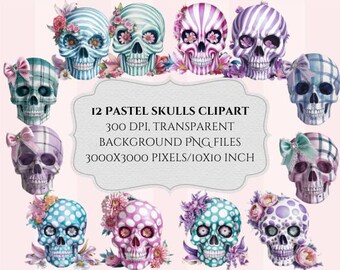 Pastell Halloween Schädel Clipart: Florale Schädel PNG Dateien (digitaler Download)