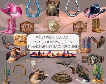 Wild West Clipart Set: Cowboy, Cowgirl, Desert PNG Files (Digital Download)