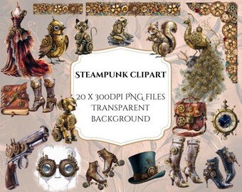 Ensemble d'engrenages et de rouages de clipart Steampunk en métal, 20 fichiers PNG haute résolution, fond transparent. Utilisation commerciale pour toute conception.
