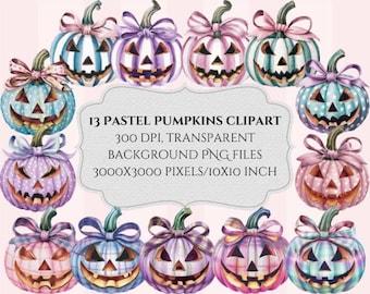Pastel Halloween Pumpkins Clipart Set: 13 PNG Files (Digital Download)