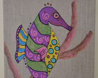 Seahorse Painting 8x10 Original Nautical Folk Art