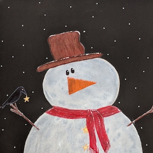 Primitive Winter Snowman Crow Painting 11x14 Original Folk Art Mixed Media