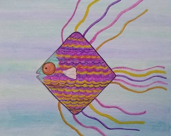 May include: A colorful diamond-shaped fish with purple, pink, and yellow scales and a white fin. The fish has a long tail with multiple wavy lines in purple, pink, and yellow. The background is a light blue watercolor wash.