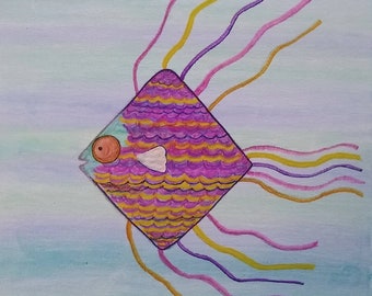 Funky Whimsical Fish Painting 8x10 Original Folk Art Mixed Media