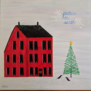 Primitive Winter Christmas Saltbox Painting 12x12 Original Folk Art Crow