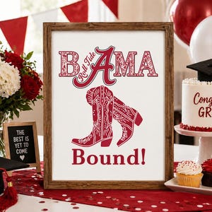 Letrero imprimible "Bama Bound", regalo de graduación de Alabama, decoración para dormitorio universitario, regalo para estudiantes de primer año, arte de pared carmesí