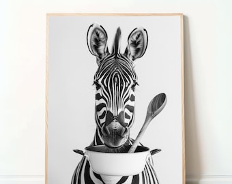 May include: Black and white zebra with a white pot and wooden spoon in front of its face. The zebra is looking directly at the camera.