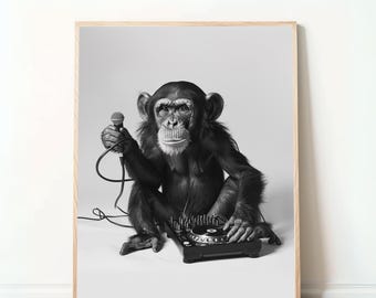 Funny Monkey DJ Poster – “Monkey with Microphone and Turntable,” Digital Download, Humorous Animal Art, Wall Decor for Music Lovers