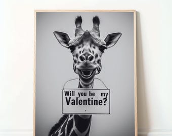Funny Giraffe Poster – “Will You Be My Valentine?” Digital Valentine’s Gift for Animal Lovers, Romantic and Humorous Giraffe Wall Art