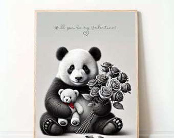 Romantisches Pandaposter – „Will You Be My Valentine?“ Digitales Valentinstagsbild, Niedliche Tierkunst