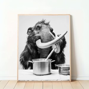 Funny Mammoth Poster – “Mammoth Cooking,” Digital Download, Humorous Wall Decor, Gift for Chefs, Kitchen Art, Animal Lovers