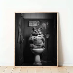 Funny Opossum Bathroom Poster – “Opossum Reading Newspaper on Toilet,” Digital Download, Humorous Animal Art, Bathroom Wall Decor