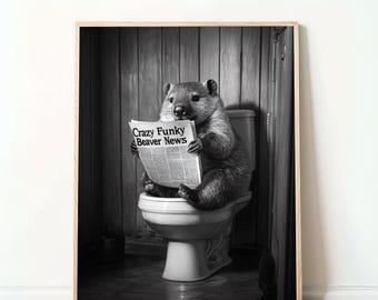 Grappige beverfoto - "Bever met krant op het toilet", humoristische dierenkunst, digitale download, wanddecoratie voor de badkamer