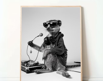 May include: Black and white framed print of a meerkat wearing sunglasses, headphones, and a jacket, holding a microphone. A turntable is in front of the meerkat. The meerkat is posed as a DJ. The background is white.