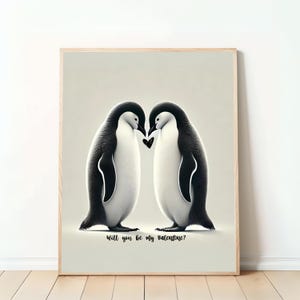 Romantische Pinguin-Illustration mit Herz – Digitale Valentinstagskunst als Download – Schwarz-Weiß Tierkunst
