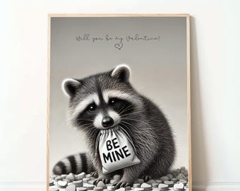 Will You Be My Valentine? – Romantic Raccoon Poster – “Be Mine” Digital Valentine’s Artwork, Cute Animal Art for Lovers
