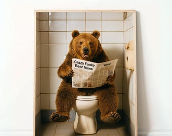 Funny Bear Bathroom Poster – “Bear Reading Newspaper on Toilet,” Digital Download, Humorous Animal Art, Bathroom Wall Decor