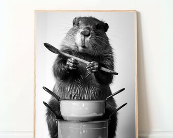 May include: A black and white photo of a beaver holding a wooden spoon and standing on top of three stacked pots.