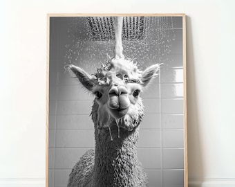 Grappige Alpaca foto - "Alpaca in de douche", humoristische dierenkunst, digitale download, badkamer wanddecoratie, dierenillustratie