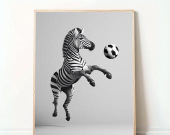 Funny Soccer Poster – “Zebra Playing Soccer,” Digital Download, Humorous Animal Art, Gift for Soccer Fans, Animal illustration