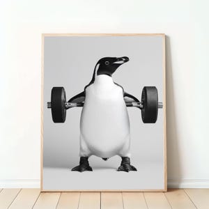 May include: A black and white photograph of a penguin lifting a barbell. The penguin is standing on a grey background.