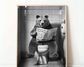 Funny Bear Bathroom Poster – “Bear Reading Newspaper on Toilet,” Digital Download, Humorous Animal Art, Bathroom Wall Decor