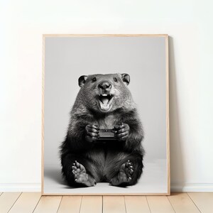 Funny Beaver Poster – “Beaver with Controller,” Digital Download, Gamer Gift, Humorous Animal Art, Wall Decor for Gaming Rooms