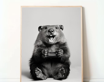 Funny Beaver Poster – “Beaver with Controller,” Digital Download, Gamer Gift, Humorous Animal Art, Wall Decor for Gaming Rooms