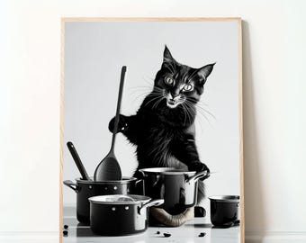 Chat Noir dans la Cuisine – Illustration Numérique Élégante, Art Cuisiner avec Style, Déco Murale Charmante