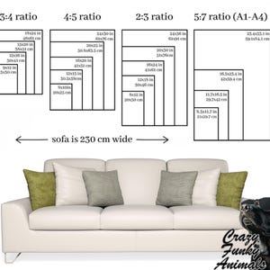 Op de afbeelding: Een diagram dat verschillende beeldverhoudingen voor afdrukken laat zien, waaronder 3:4, 4:5, 2:3 en 5:7. Het diagram toont de afmetingen van elke verhouding in inches en centimeters. De tekst "bank is 230 cm breed" staat onder het diagram.