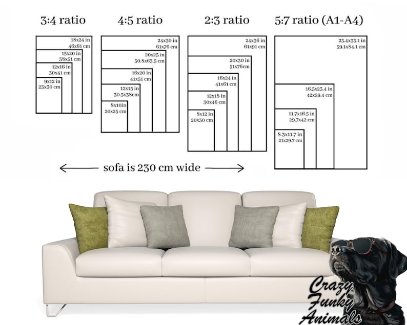 Op de afbeelding: Een diagram dat verschillende beeldverhoudingen voor afdrukken laat zien, waaronder 3:4, 4:5, 2:3 en 5:7. Het diagram toont de afmetingen van elke verhouding in inches en centimeters. De tekst "bank is 230 cm breed" staat onder het diagram.