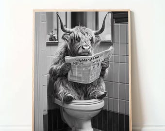 Grappige Highland Cow Picture - "Highland Cow met krant op het toilet", humoristische dierenkunst, digitale download, badkamer wanddecoratie