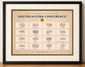Football Stadiums of the Southeast | Hand Drawn Stadium Print | College Football Wall Art | Framed or Unframed