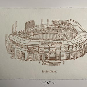 May include: A sepia-toned sketch of Truist Park, a baseball stadium, on textured paper. The artwork is approximately 12 inches by 16 inches. The stadium's architecture is detailed, with the name "Truist Park" visible. The drawing style is reminiscent of an architectural rendering.