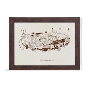 May include: A framed print featuring a detailed brown illustration of Highmark Stadium. The stadium is depicted with its seating, field, and surrounding structures. The text "Highmark Stadium" is printed below the illustration. The frame is a dark brown color.