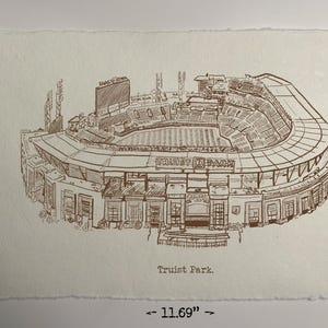 May include: A brown ink drawing of Truist Park, a baseball stadium, on a textured paper. The artwork is 11.69 inches wide and 8.27 inches tall. The stadium's name is printed below the drawing.