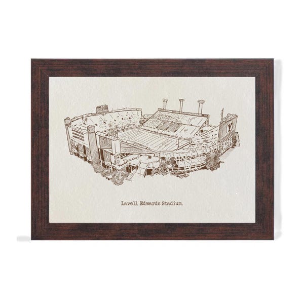 Impresión artística del estadio LaVell Edwards de BYU: ilustración a pluma y tinta dibujada a mano