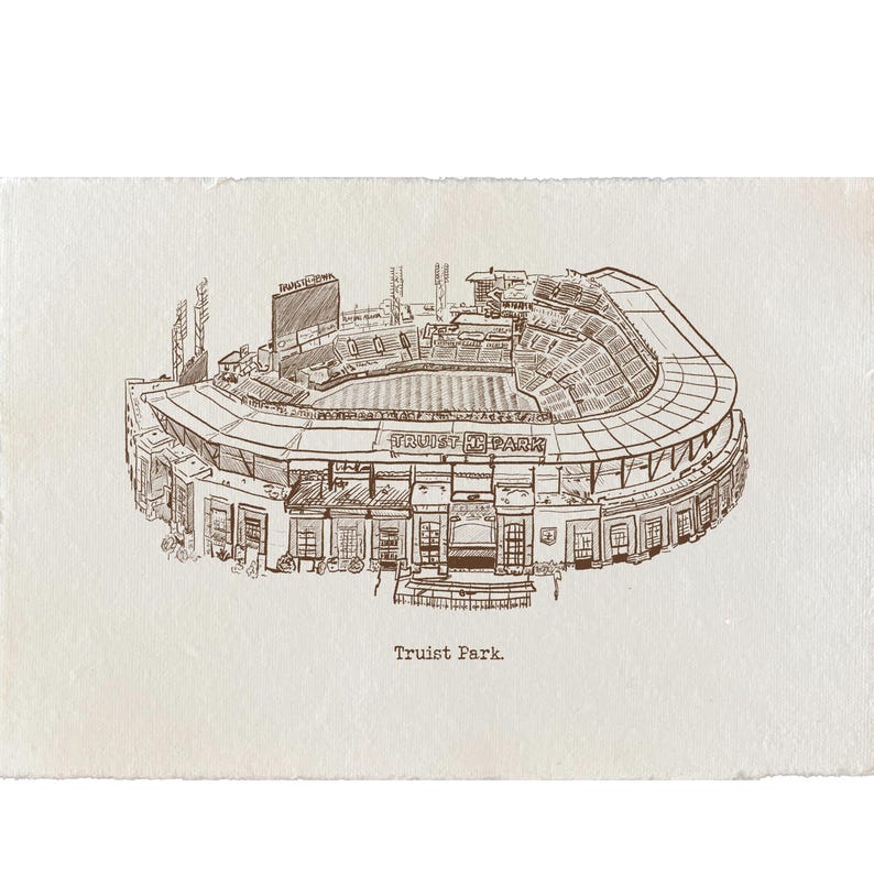 May include: A sepia-toned pen and ink drawing of Truist Park, a baseball stadium. The artwork depicts the stadium's exterior, including the seating areas, scoreboard, and surrounding buildings. The text "Truist Park" is printed below the stadium.