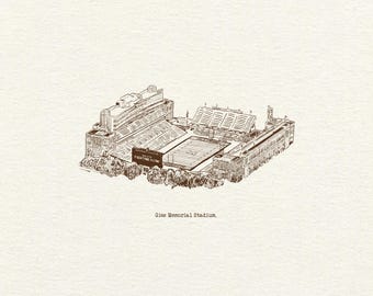 Op de afbeelding: Een architecturale illustratie in sepia van het Gies Memorial Stadium. De tekening toont de tribunes, het veld en de omliggende gebouwen met gedetailleerde lijnen. De tekst "Gies Memorial Stadium" staat onderaan de afbeelding.