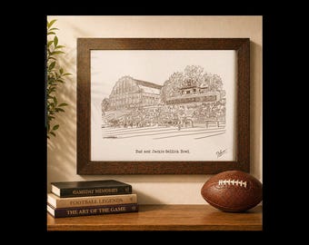 Bud and Jackie Sellick Bowl Art Print, Hand Drawn Football Stadium Illustration, Personalized Gift